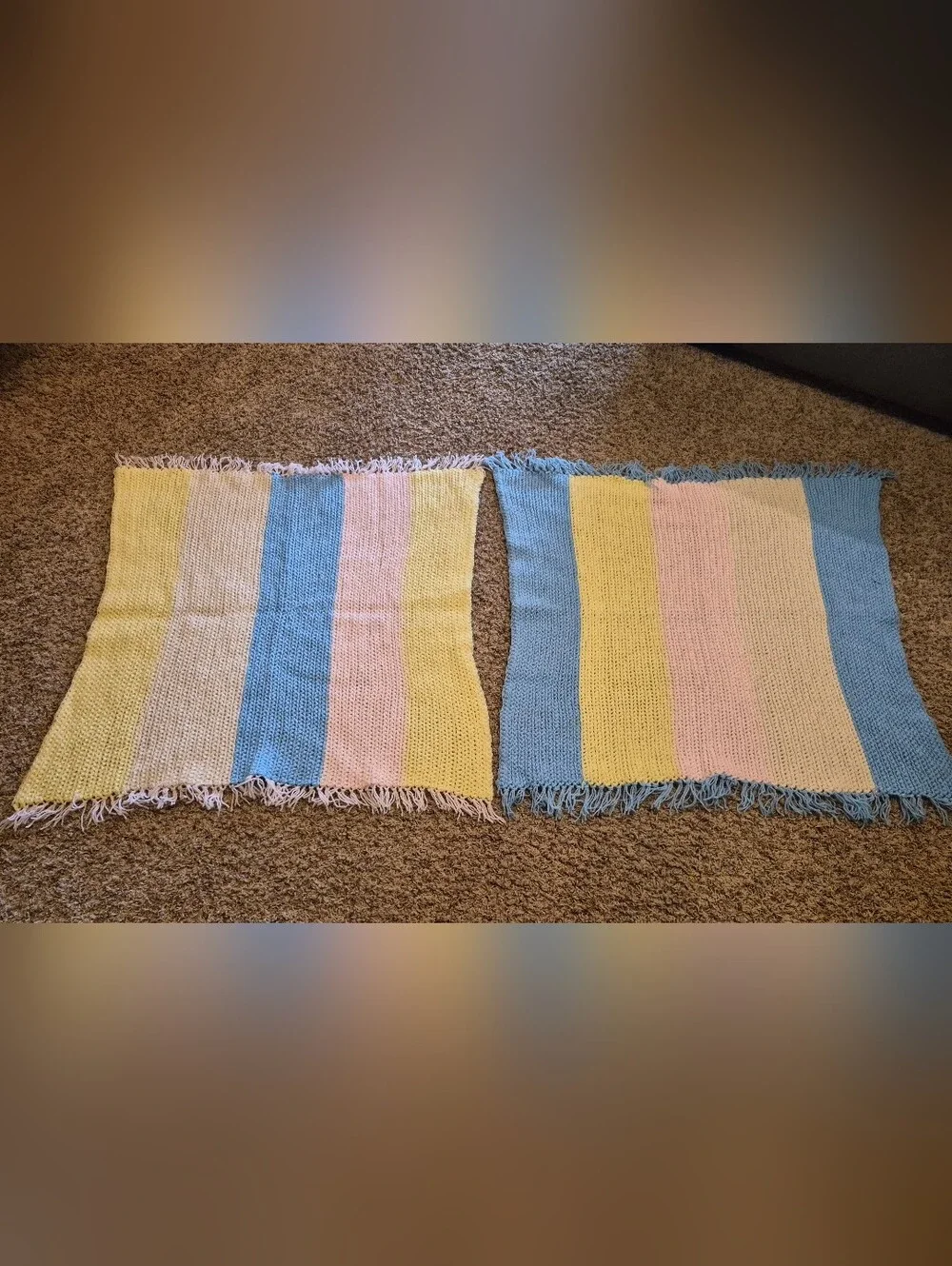 2 Twin Handmade Pastel Striped Baby Afghans with Soft Fringe Edging